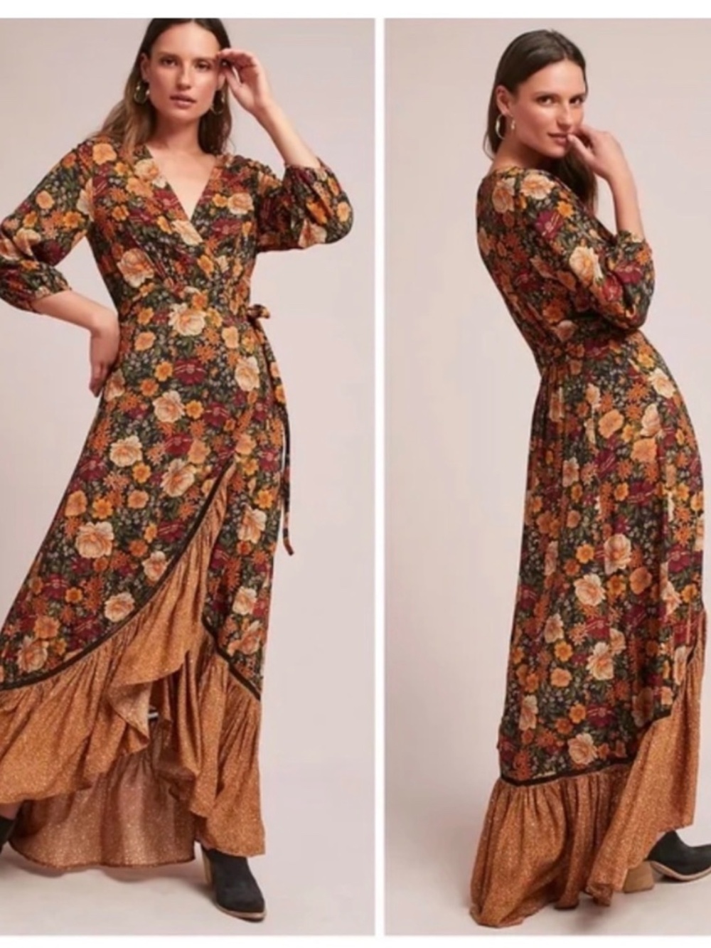 FARM RIO Anthropologie Madrid Floral Long Sleeve Maxi Wrap Dress